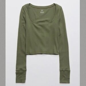 Aerie Square Neck Ribbed Crop Long Sleeve Olive Green Boho Medium